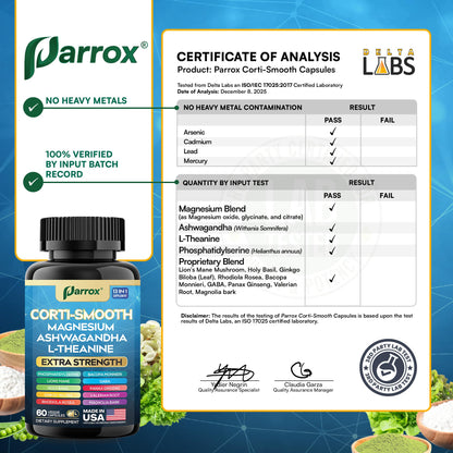 Parrox Corti-Smooth Cortisol Supplement Magnesium, L-Theanine, Ashwagandha, Phosphatidylserine, Valerian Root, Lions Mane, Bacopa Monnieri, Ginkgo Biloba, Panax Ginseng, Magnolia Bark, GABA (60 Caps) - Maple Wellness Supplements