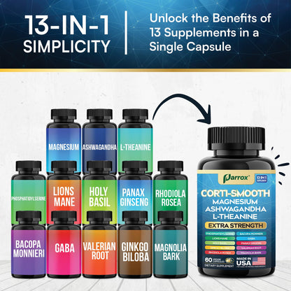 Parrox Corti-Smooth Cortisol Supplement Magnesium, L-Theanine, Ashwagandha, Phosphatidylserine, Valerian Root, Lions Mane, Bacopa Monnieri, Ginkgo Biloba, Panax Ginseng, Magnolia Bark, GABA (60 Caps) - Maple Wellness Supplements