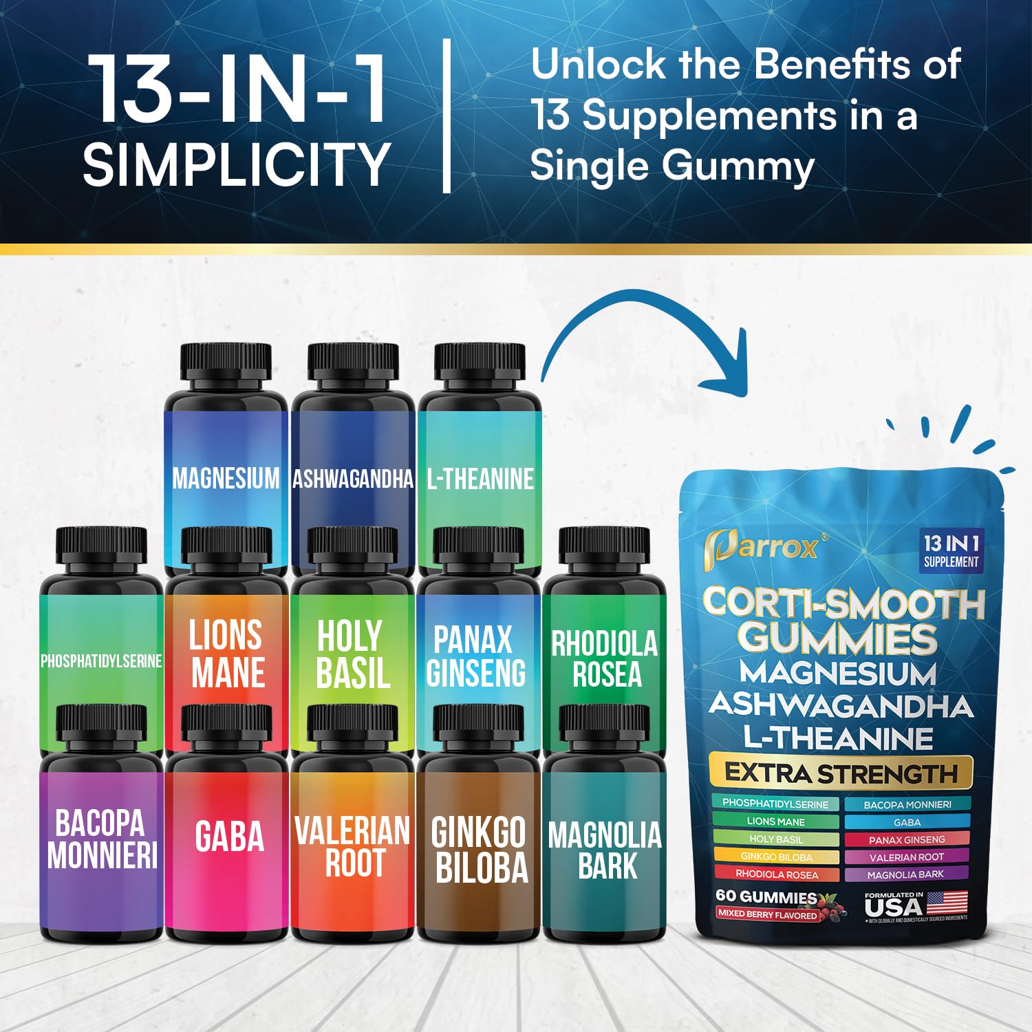 Parrox Corti-Smooth Cortisol Support Gummies with Magnesium, L-Theanine, Ashwagandha, Phosphatidylserine, Bacopa Monnieri, Lions Mane, Ginkgo Biloba, Valerian Root (60 Gummies - Mixed Berry Flavor) - Maple Wellness Supplements