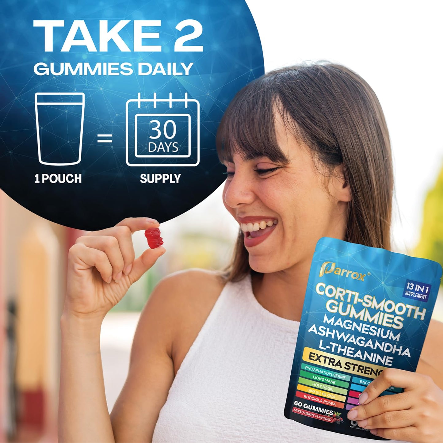 Parrox Corti-Smooth Cortisol Support Gummies with Magnesium, L-Theanine, Ashwagandha, Phosphatidylserine, Bacopa Monnieri, Lions Mane, Ginkgo Biloba, Valerian Root (60 Gummies - Mixed Berry Flavor) - Maple Wellness Supplements