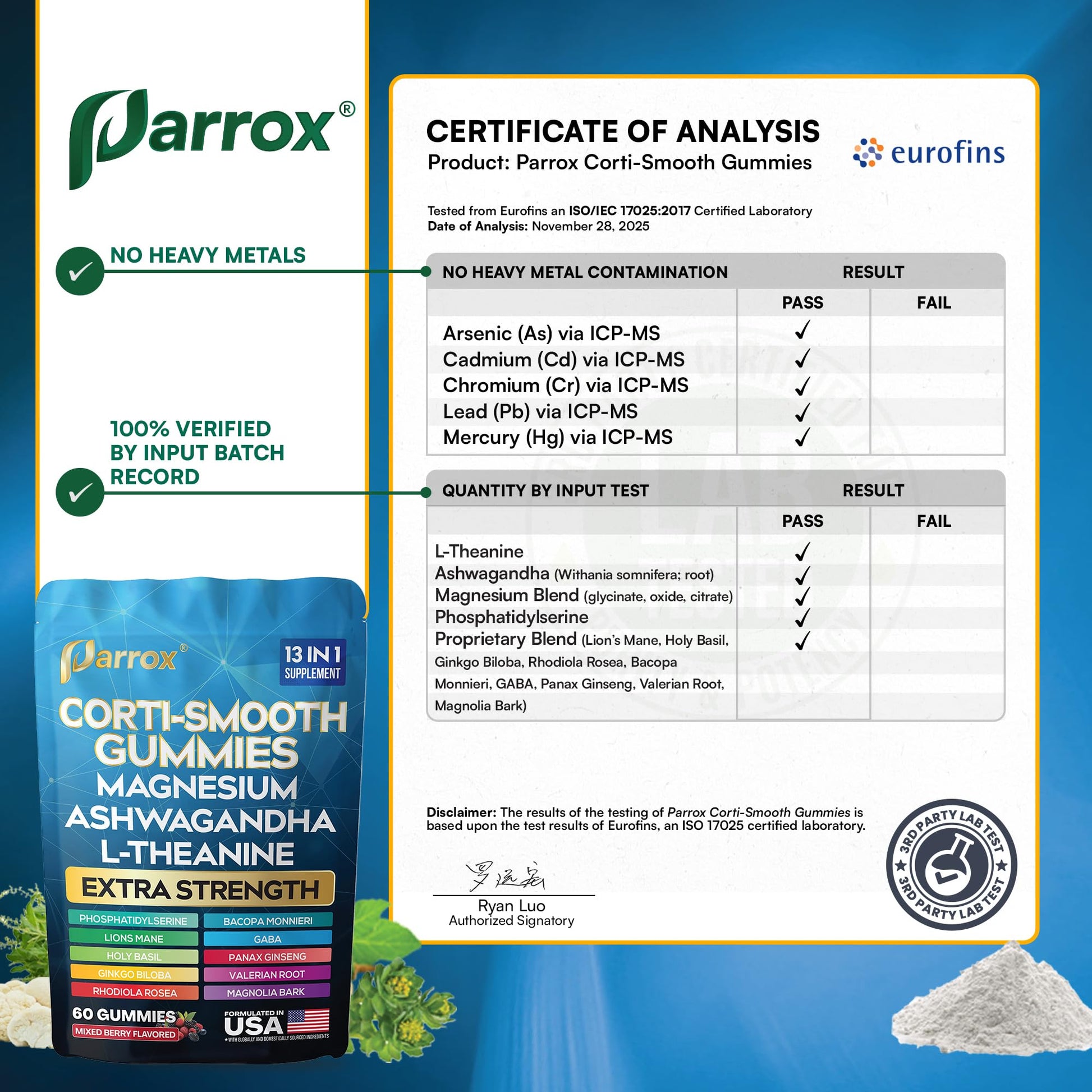 Parrox Corti-Smooth Cortisol Support Gummies with Magnesium, L-Theanine, Ashwagandha, Phosphatidylserine, Bacopa Monnieri, Lions Mane, Ginkgo Biloba, Valerian Root (60 Gummies - Mixed Berry Flavor) - Maple Wellness Supplements