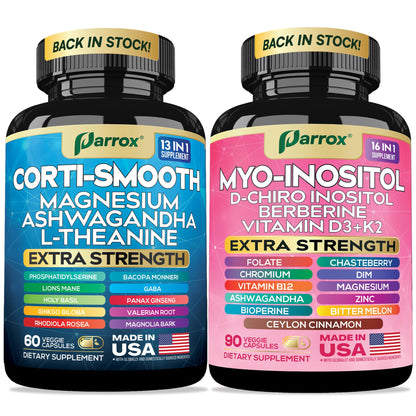Parrox Cortisol & Myo-Inositol Supplement Bundle, Soothe & Smooth Bundle, 13-in-1 Cortisol Balance, Magnesium, Ashwagandha, L-Theanine, D-Chiro Inositol, Folate, Berberine, Chasteberry (150 Capsules) - Maple Wellness Supplements