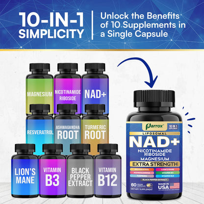 Parrox NAD+ Supplement with Liposomal NAD+, Nicotinamide Riboside, Magnesium, Vitamin B3 & B12, Resveratrol, Turmeric, Ashwagandha, Lion’s Mane,10-in-1 Extra Strength - Maple Wellness Supplements