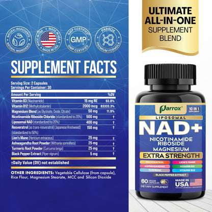 Parrox NAD+ Supplement with Liposomal NAD+, Nicotinamide Riboside, Magnesium, Vitamin B3 & B12, Resveratrol, Turmeric, Ashwagandha, Lion’s Mane,10-in-1 Extra Strength - Maple Wellness Supplements