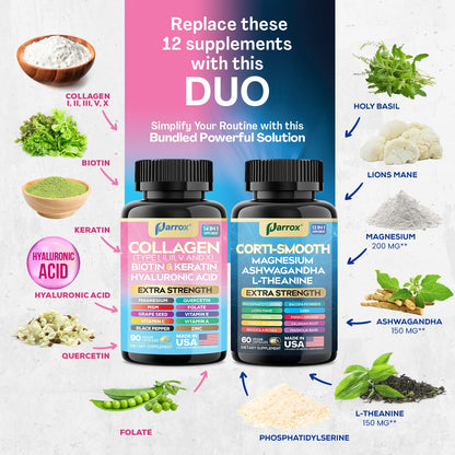 Parrox Shining Serenity Set, Cortisol Support with Ashwagandha, L-Theanine, Magnesium, Lions Mane, GABA, Bacopa Monnieri, Collagen I, II, III, V, X, Folate, Biotin, Keratin, Hyaluronic Acid, Quercetin - Maple Wellness Supplements
