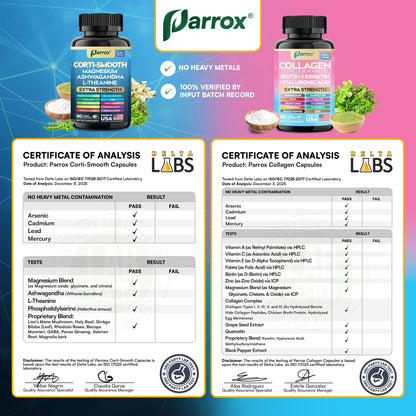 Parrox Shining Serenity Set, Cortisol Support with Ashwagandha, L-Theanine, Magnesium, Lions Mane, GABA, Bacopa Monnieri, Collagen I, II, III, V, X, Folate, Biotin, Keratin, Hyaluronic Acid, Quercetin - Maple Wellness Supplements