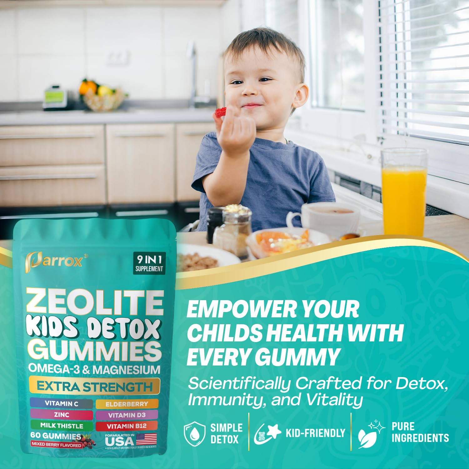 Parrox Zeolite Kids Gummies, 9-in-1 with Zeolite, Omega-3, Magnesium, Elderberry, Vitamin C, Milk Thistle, Vitamin D3, Zinc, B12 – Sugar-Free - Maple Wellness Supplements