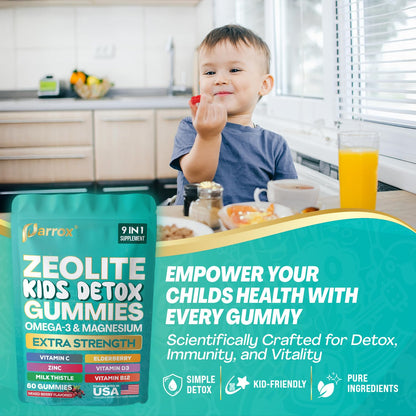 Parrox Zeolite Kids Gummies, 9-in-1 with Zeolite, Omega-3, Magnesium, Elderberry, Vitamin C, Milk Thistle, Vitamin D3, Zinc, B12 – Sugar-Free - Maple Wellness Supplements