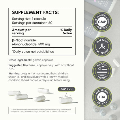 partiQlar NMN Supplement 500mg - High Purity Nicotinamide Mononucleotide - NAD+ Booster for Anti-Aging, Cellular Energy & Longevity - 60 Veggie Capsules - Maple Wellness Supplements