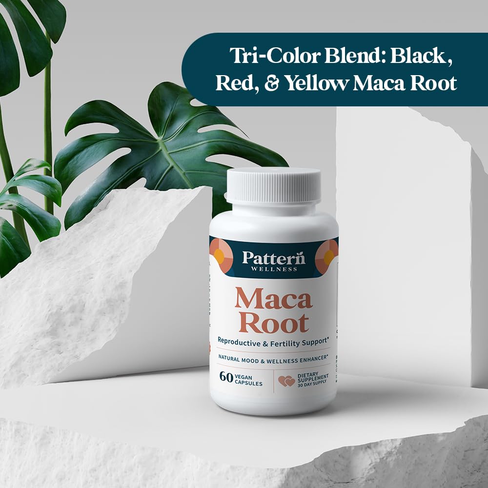Pattern Wellness Maca Root Extract 20:1-500mg Per Serving – for Men & Women – Tri-Color Black/Red/Yellow Blend – 60 Vegan, Non-GMO Capsules - Maple Wellness Supplements
