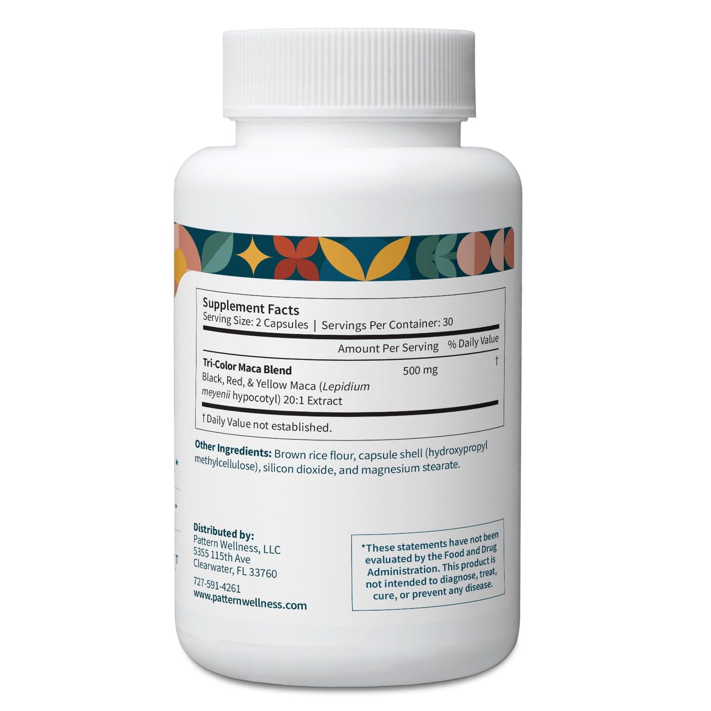 Pattern Wellness Maca Root Extract 20:1-500mg Per Serving – for Men & Women – Tri-Color Black/Red/Yellow Blend – 60 Vegan, Non-GMO Capsules - Maple Wellness Supplements