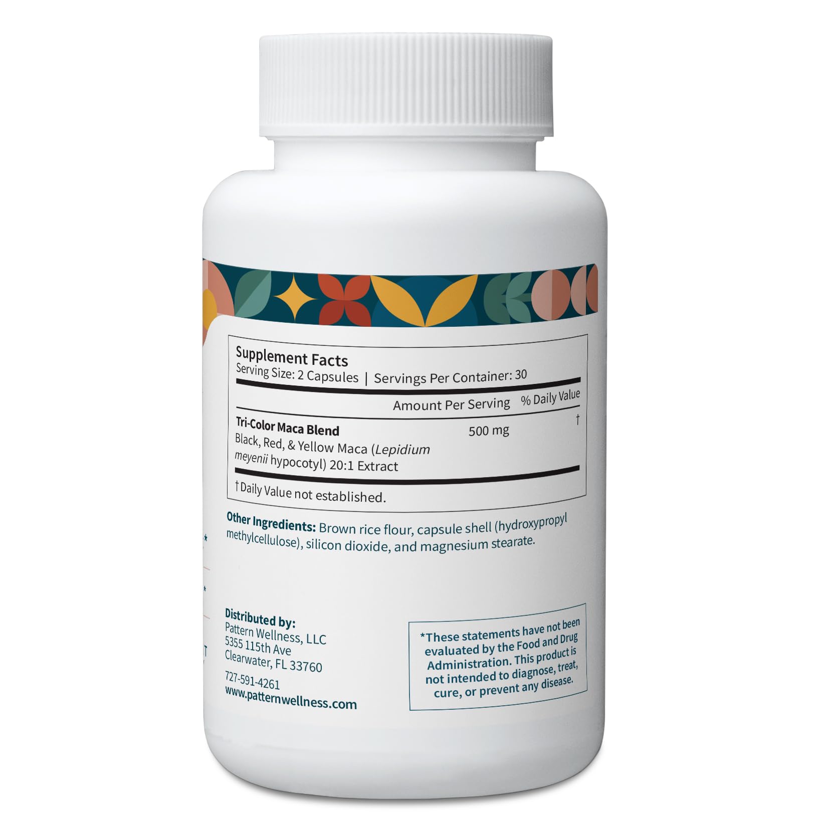 Pattern Wellness Maca Root Extract 20:1-500mg Per Serving – for Men & Women – Tri-Color Black/Red/Yellow Blend – 60 Vegan, Non-GMO Capsules - Maple Wellness Supplements