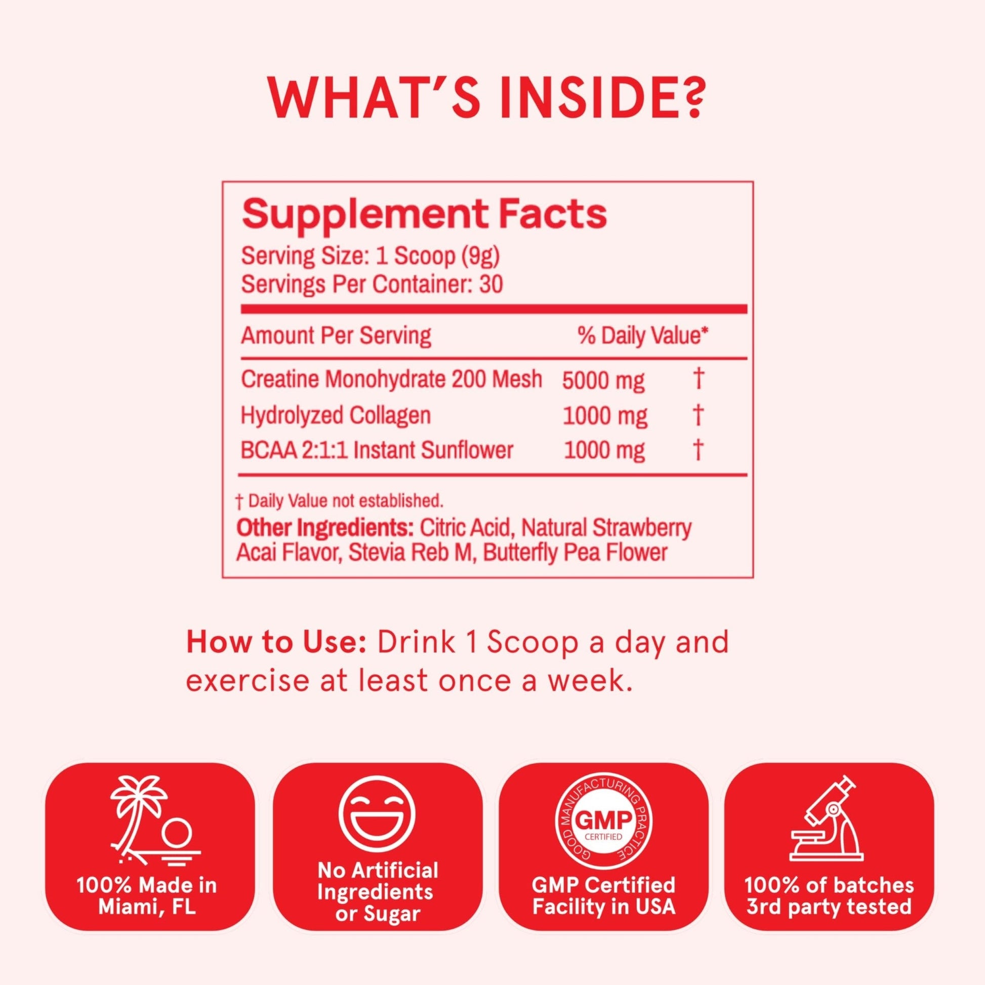 Peach Perfect Creatine Blend for Women – Micronized Creatine Monohydrate with BCAA & Collagen for Glute Strength Support – Strawberry Acai – 30 Servings - Maple Wellness Supplements