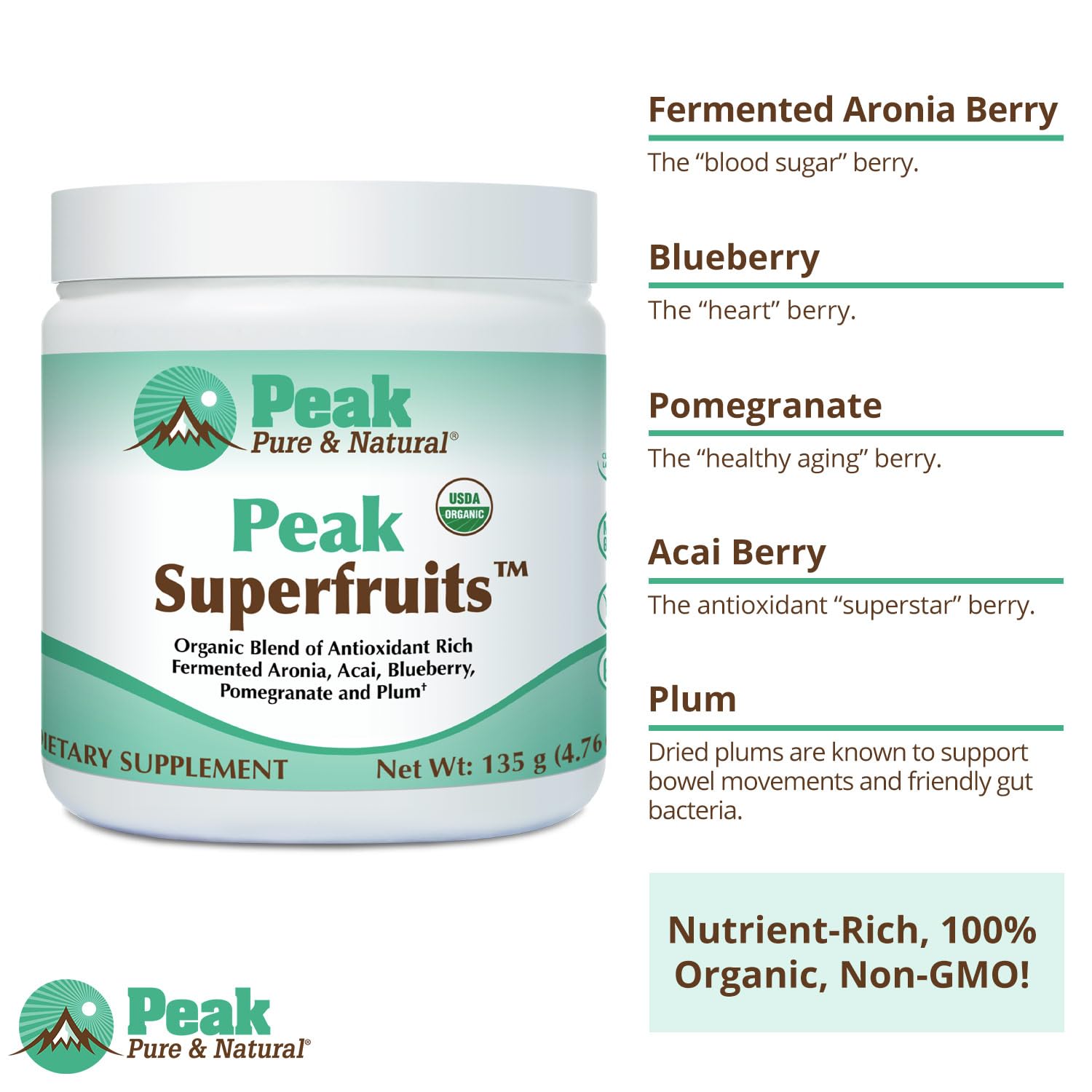 Peak Organic Superfruits - Polyphenol Rich Superfood Powder - Non-GMO Fermented Aronia Berry, Acai, Blueberry, Pomegranate, and Plum - Aging, Metabolic Health, Heart Health (30 Servings) - Maple Wellness Supplements
