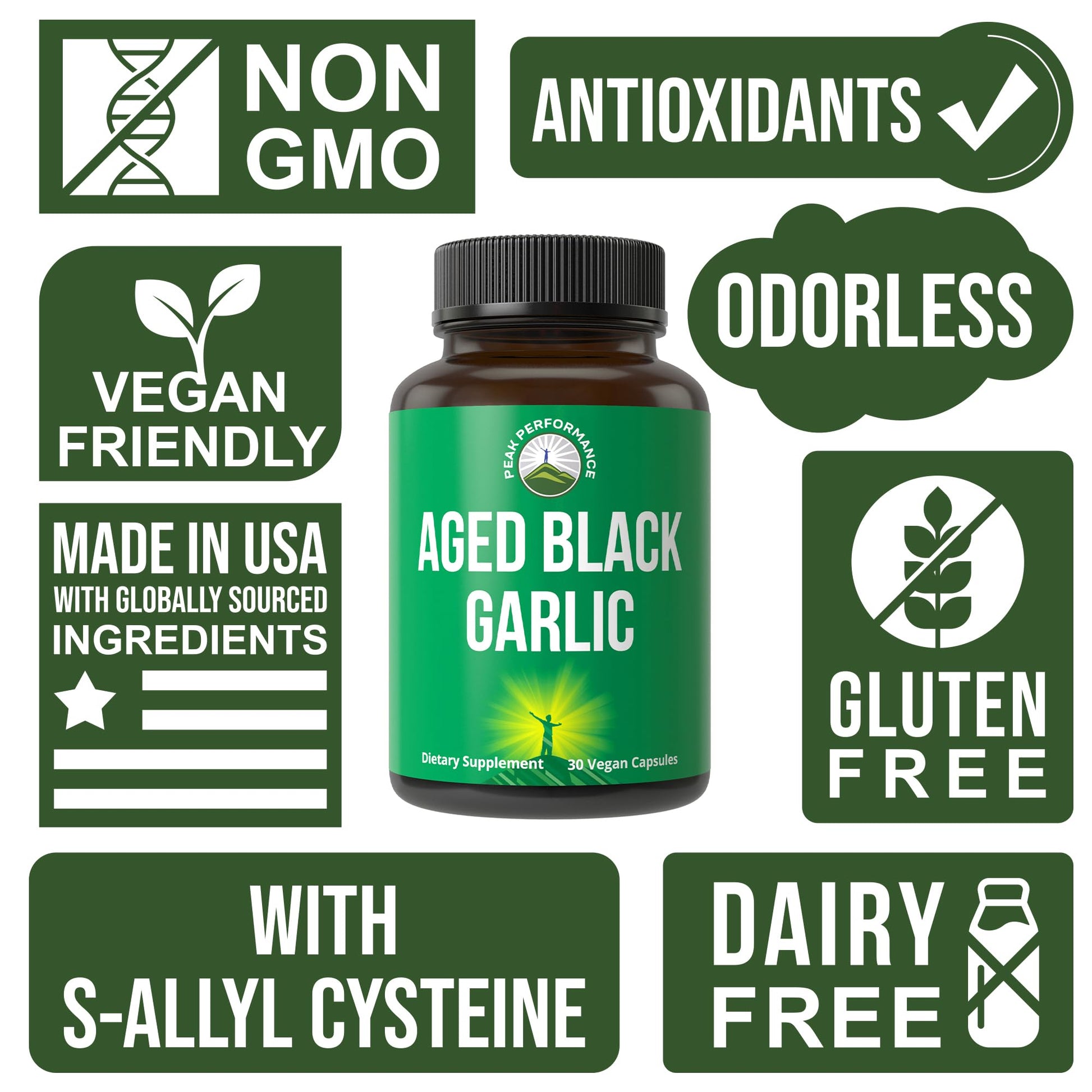Peak Performance Aged Black Garlic Capsules. Raw Vegan Pure Odorless Extract Supplement Pills for Cholesterol, and Immune Support. from Garlic Bulb with S-Allyl Cysteine and Antioxidants - Maple Wellness Supplements