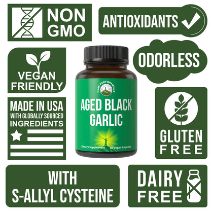Peak Performance Aged Black Garlic Capsules. Raw Vegan Pure Odorless Extract Supplement Pills for Cholesterol, and Immune Support. from Garlic Bulb with S-Allyl Cysteine and Antioxidants - Maple Wellness Supplements