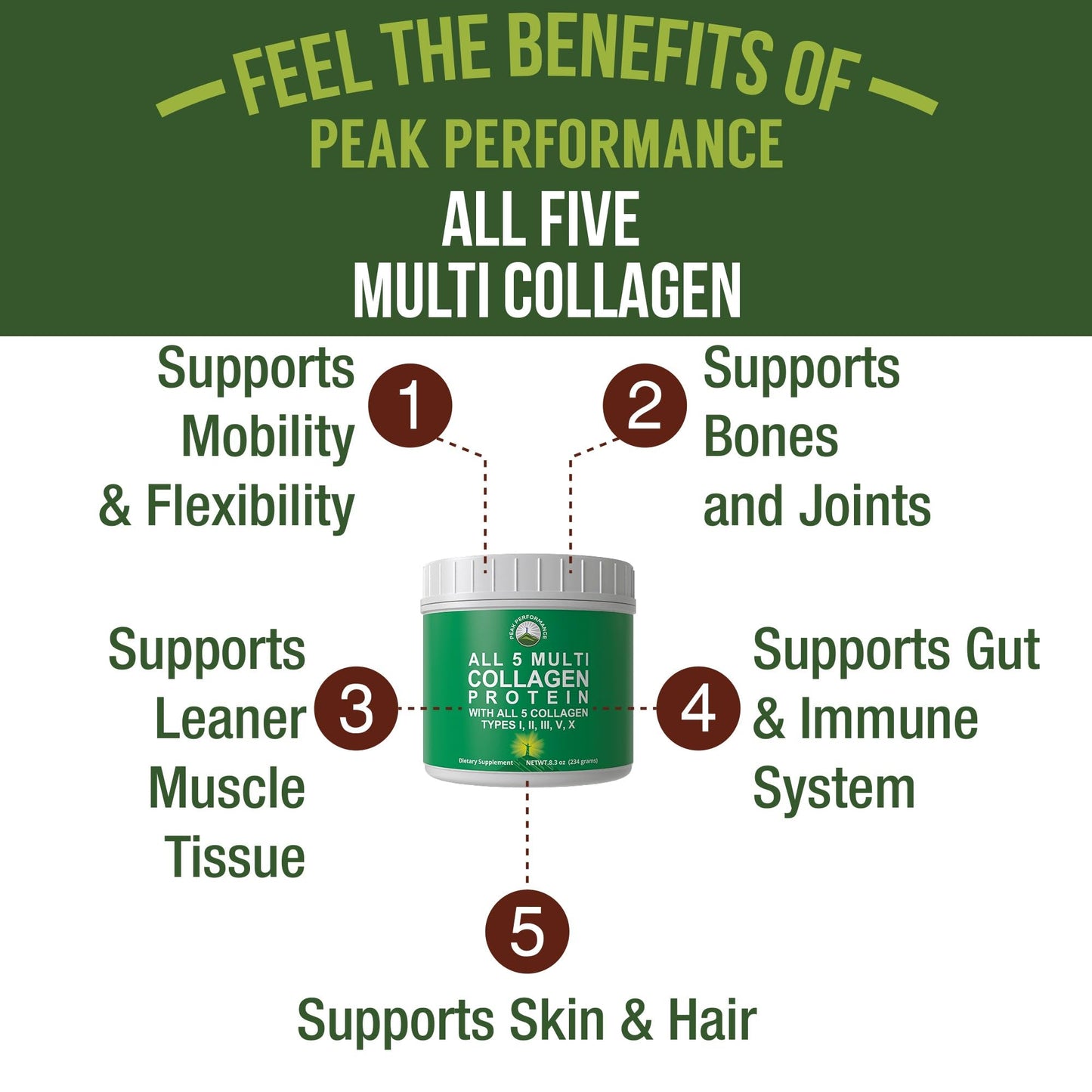 Peak Performance All 5 Multi-Collagen Protein Powder Peptides Multi-Collagen Contains All Types I, II, III,V, X. Keto, Paleo Friendly with Hydrolyzed Bovine, Marine, Chicken, Bone Broth Collagens - Maple Wellness Supplements