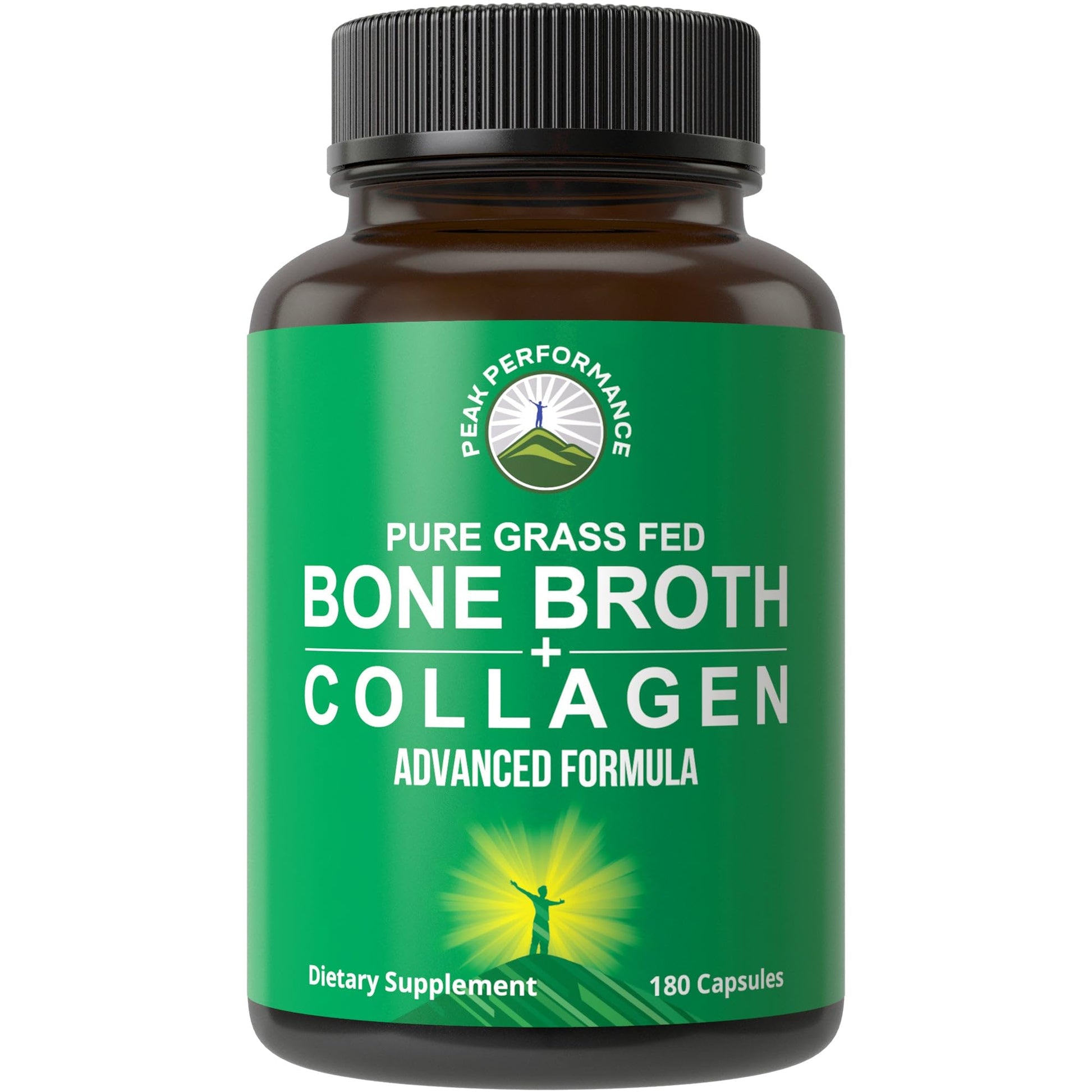 Peak Performance Bone Broth Collagen Capsules - 180 Pills of Grass Fed Bone Broth Collagen Protein Peptides - Contains All 3 Types 1, 2, and 3 - Pure Pasture - Maple Wellness Supplements