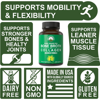 Peak Performance Bone Broth Collagen Capsules - 180 Pills of Grass Fed Bone Broth Collagen Protein Peptides - Contains All 3 Types 1, 2, and 3 - Pure Pasture - Maple Wellness Supplements