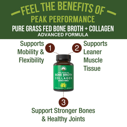Peak Performance Bone Broth Collagen Capsules - 180 Pills of Grass Fed Bone Broth Collagen Protein Peptides - Contains All 3 Types 1, 2, and 3 - Pure Pasture - Maple Wellness Supplements