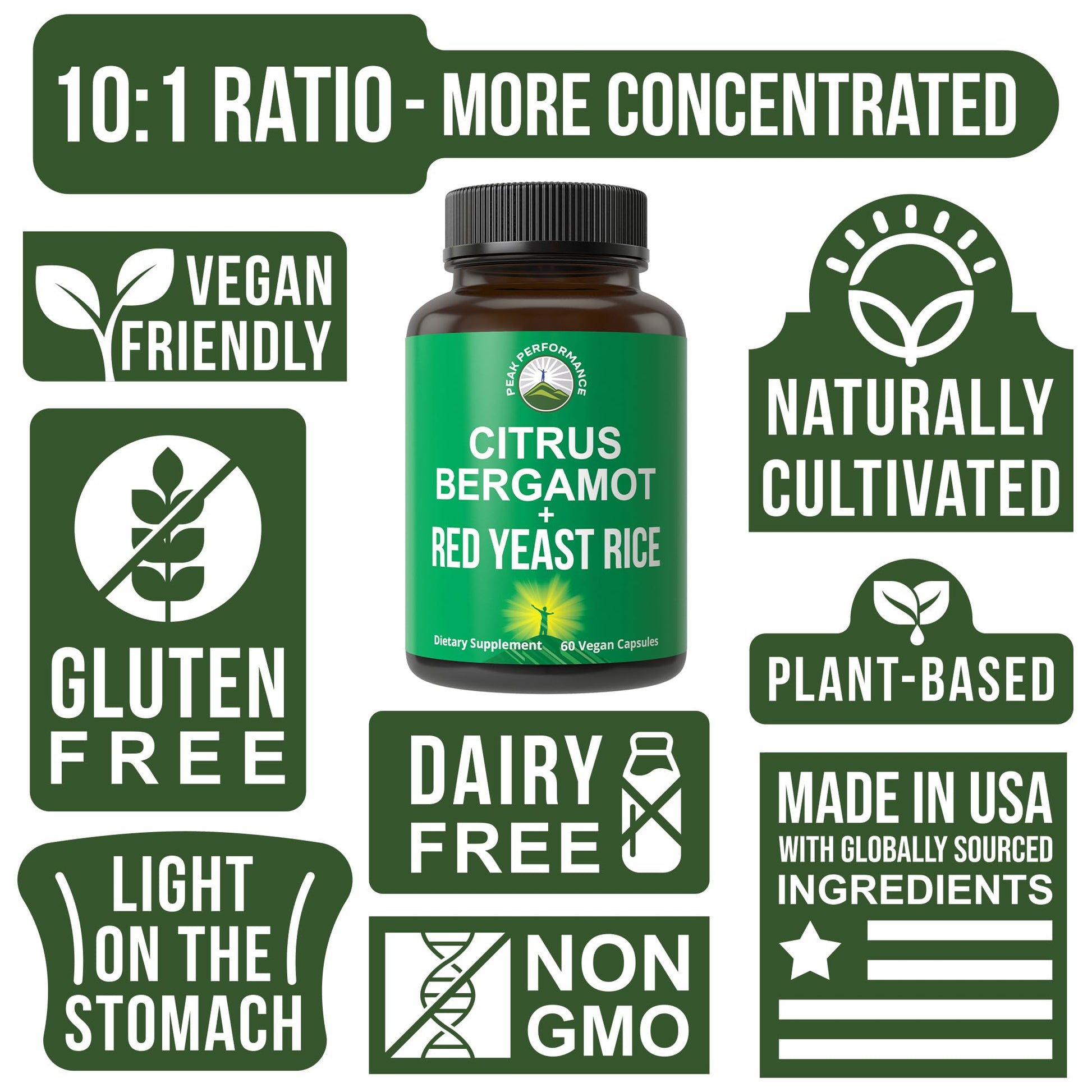 Peak Performance Citrus Bergamot + Red Yeast Rice. 2-in-1 Supplement. High Strength 10:1 Bergamot Extract. No Gluten, Zero Sugar, Vegan Capsules - Maple Wellness Supplements