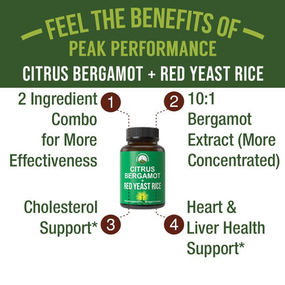 Peak Performance Citrus Bergamot + Red Yeast Rice. 2-in-1 Supplement. High Strength 10:1 Bergamot Extract. No Gluten, Zero Sugar, Vegan Capsules - Maple Wellness Supplements