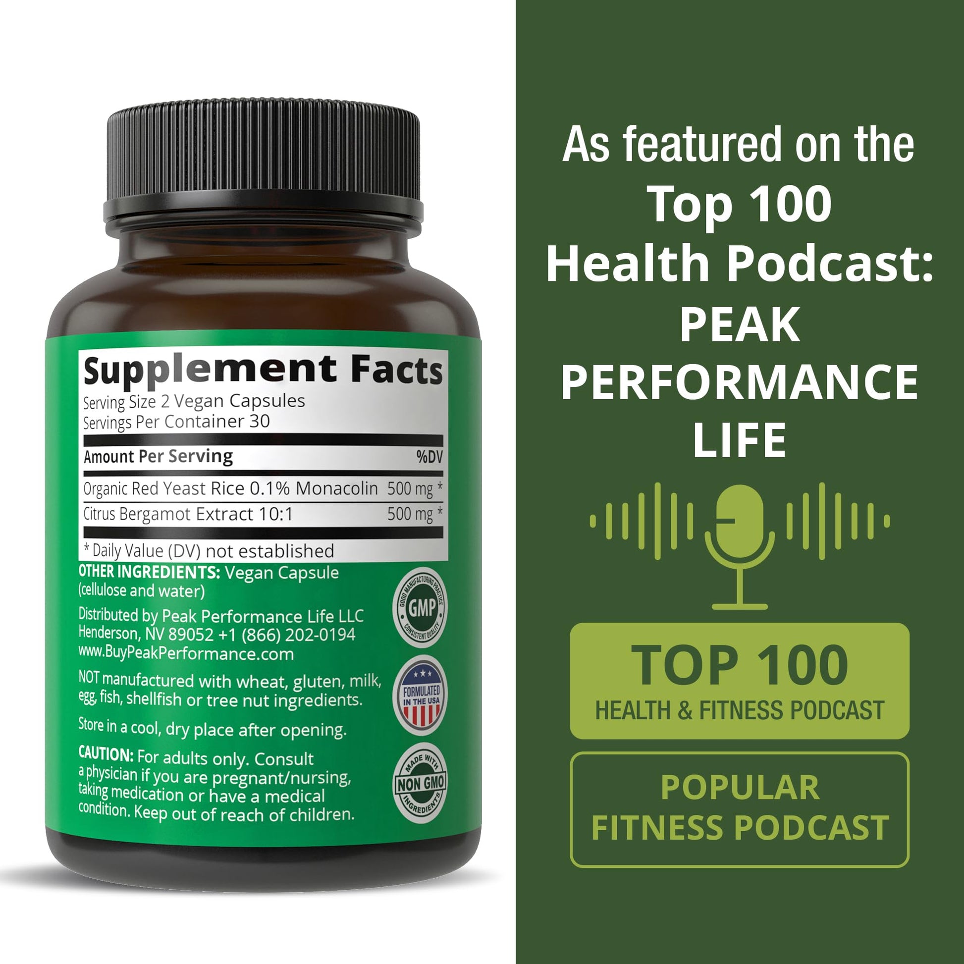 Peak Performance Citrus Bergamot + Red Yeast Rice. 2-in-1 Supplement. High Strength 10:1 Bergamot Extract. No Gluten, Zero Sugar, Vegan Capsules - Maple Wellness Supplements