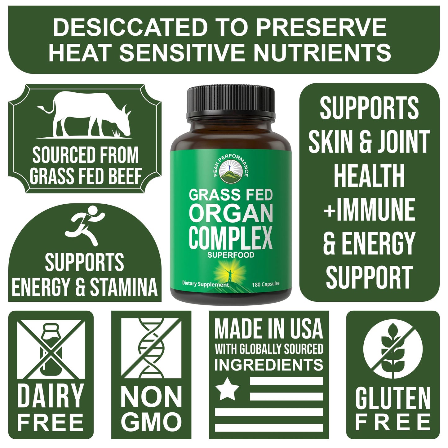 Peak Performance Grass Fed Beef Organ Complex from New Zealand (180 Capsules) Desiccated Organs Superfood Pills. GrassFed Beef Liver Capsules with Heart, Kidney, Pancreas, Spleen. Supplement - Maple Wellness Supplements