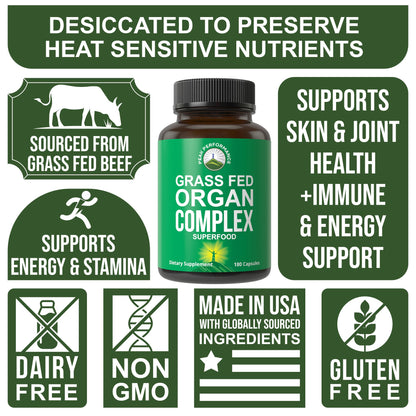Peak Performance Grass Fed Beef Organ Complex from New Zealand (180 Capsules) Desiccated Organs Superfood Pills. GrassFed Beef Liver Capsules with Heart, Kidney, Pancreas, Spleen. Supplement - Maple Wellness Supplements