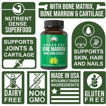 Peak Performance Grass Fed Bone Marrow - Whole Bone Extract Supplement 180 Capsules. Superfood Pills Rich in Collagen, Vitamins, and Amino Acids. from Matrix, Marrow, Cartilage. Ancestral Tablets - Maple Wellness Supplements