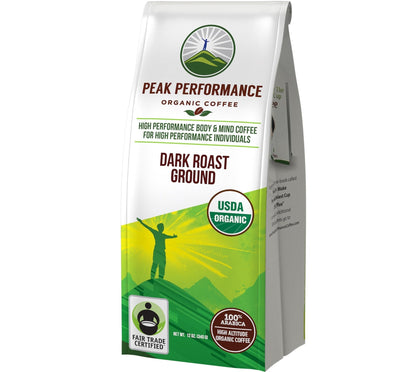 Peak Performance High Altitude Organic Coffee - Fair Trade, Low Acid, Non GMO, and Beans Full of Antioxidants - Dark Roast Smooth Tasting USDA Certified Organic Ground Coffee Bag 12 oz - Maple Wellness Supplements