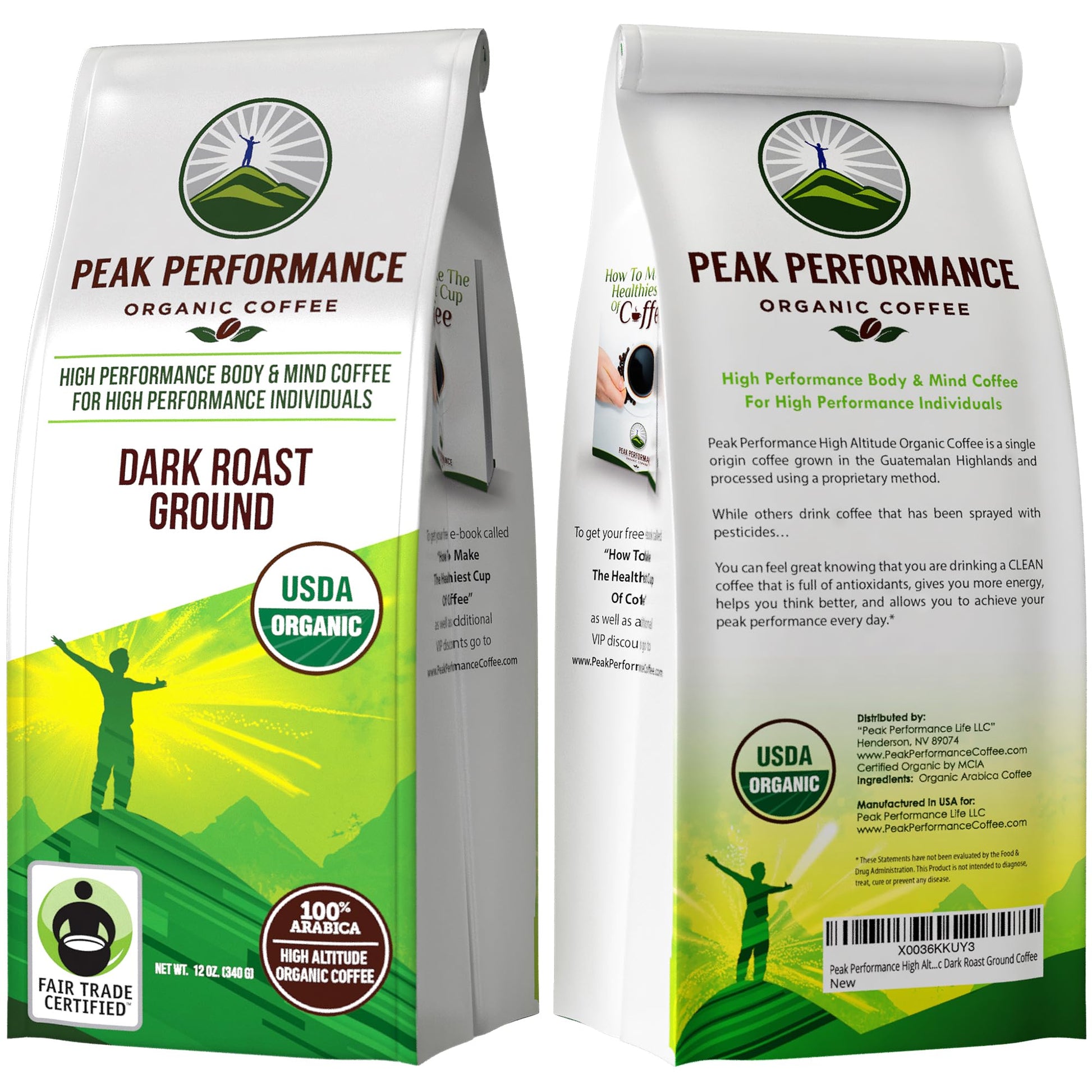 Peak Performance High Altitude Organic Coffee - Fair Trade, Low Acid, Non GMO, and Beans Full of Antioxidants - Dark Roast Smooth Tasting USDA Certified Organic Ground Coffee Bag 12 oz - Maple Wellness Supplements