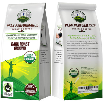 Peak Performance High Altitude Organic Coffee - Fair Trade, Low Acid, Non GMO, and Beans Full of Antioxidants - Dark Roast Smooth Tasting USDA Certified Organic Ground Coffee Bag 12 oz - Maple Wellness Supplements