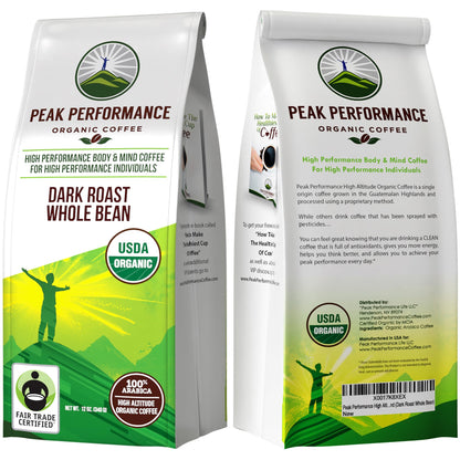 Peak Performance High Altitude Organic Coffee - Fair Trade, Low Acid, Non GMO, and Beans Full of Antioxidants - Dark Roast Smooth Tasting USDA Certified Organic Whole Bean Coffee Bag 12 oz - Maple Wellness Supplements