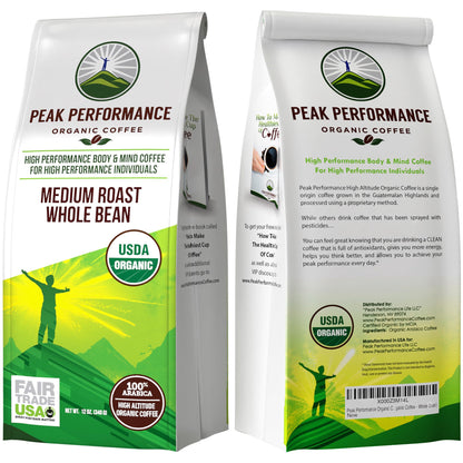 Peak Performance High Altitude Organic Coffee - Fair Trade, Low Acid, Non GMO, and Beans Full of Antioxidants - Medium Roast Smooth Tasting USDA Certified Organic Whole Bean Coffee Bag 12 oz - Maple Wellness Supplements