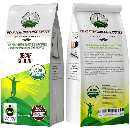Peak Performance High Altitude Organic Decaf Coffee - Fair Trade, Low Acid, Non GMO, and Beans Full of Antioxidants - Medium Roast Smooth Tasting USDA Certified Organic Decaffeinated Ground 12 oz - Maple Wellness Supplements