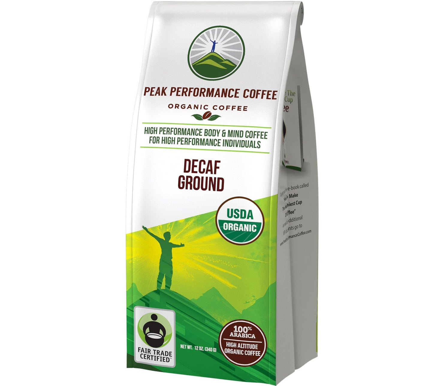 Peak Performance High Altitude Organic Decaf Coffee - Fair Trade, Low Acid, Non GMO, and Beans Full of Antioxidants - Medium Roast Smooth Tasting USDA Certified Organic Decaffeinated Ground 12 oz - Maple Wellness Supplements