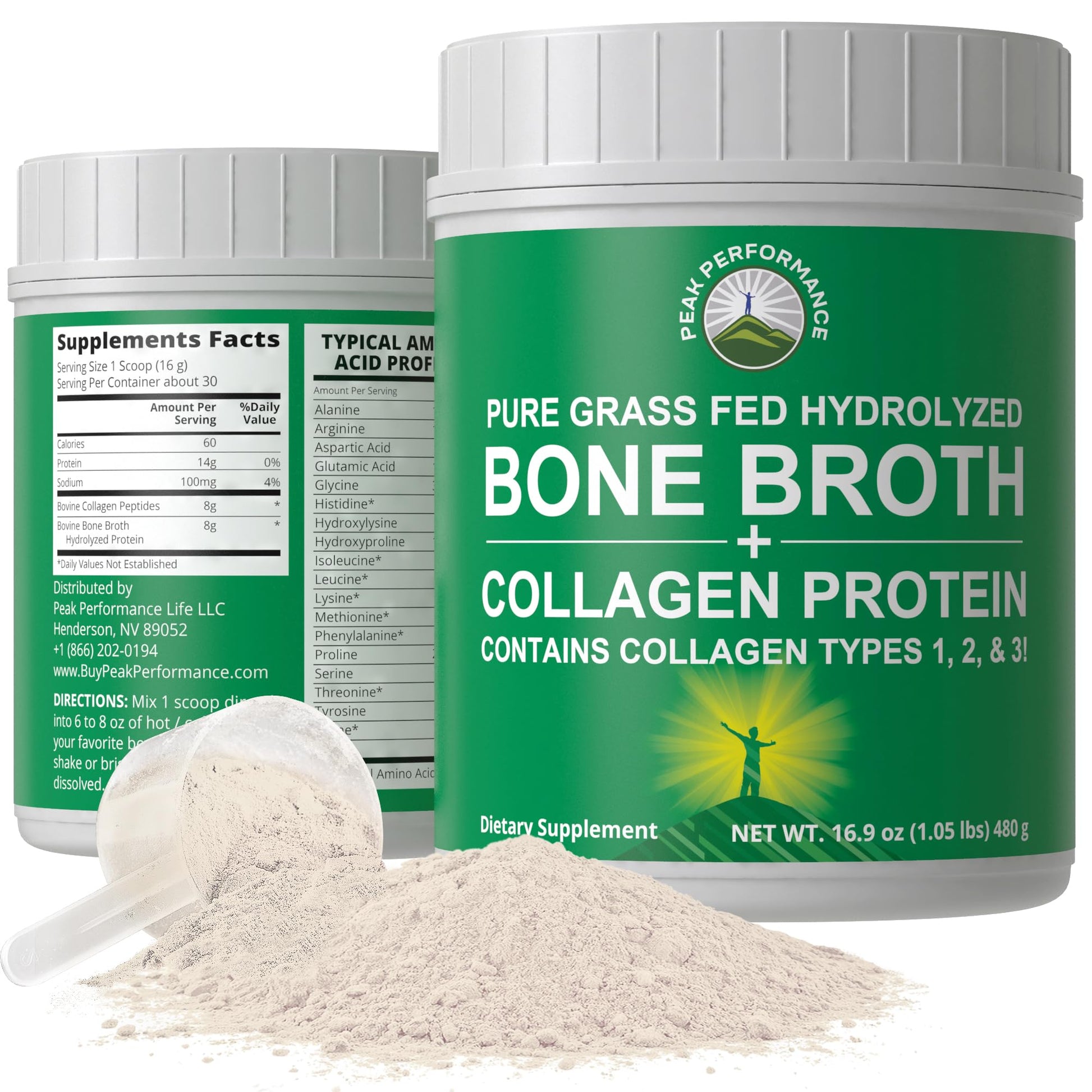 Peak Performance Hydrolyzed Bone Broth and Collagen Unflavored Protein Peptides Powder Contains All Collagen Types: 1, 2, and 3. Pure Pasture, Raised Grass Fed, Paleo Friendly, Gluten + Dairy Free - Maple Wellness Supplements