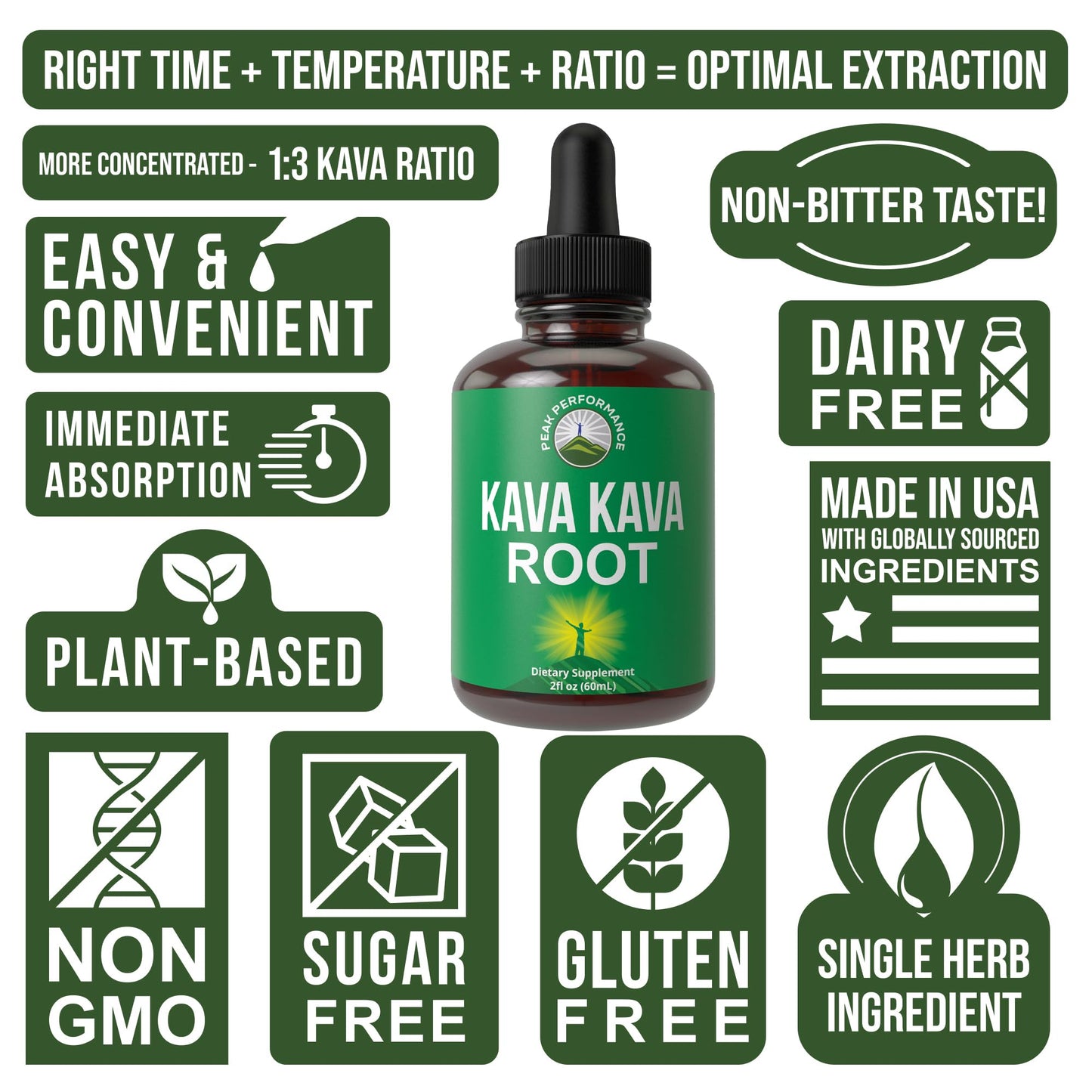 Peak Performance Kava Kava Root Extract Calming Liquid Drops More Concentrated - 1:3 Extraction Ratio. Vegan Supplement Aid for Relaxation, Natural Sleep. Sugar Free Gluten Free USA Tested Tincture - Maple Wellness Supplements