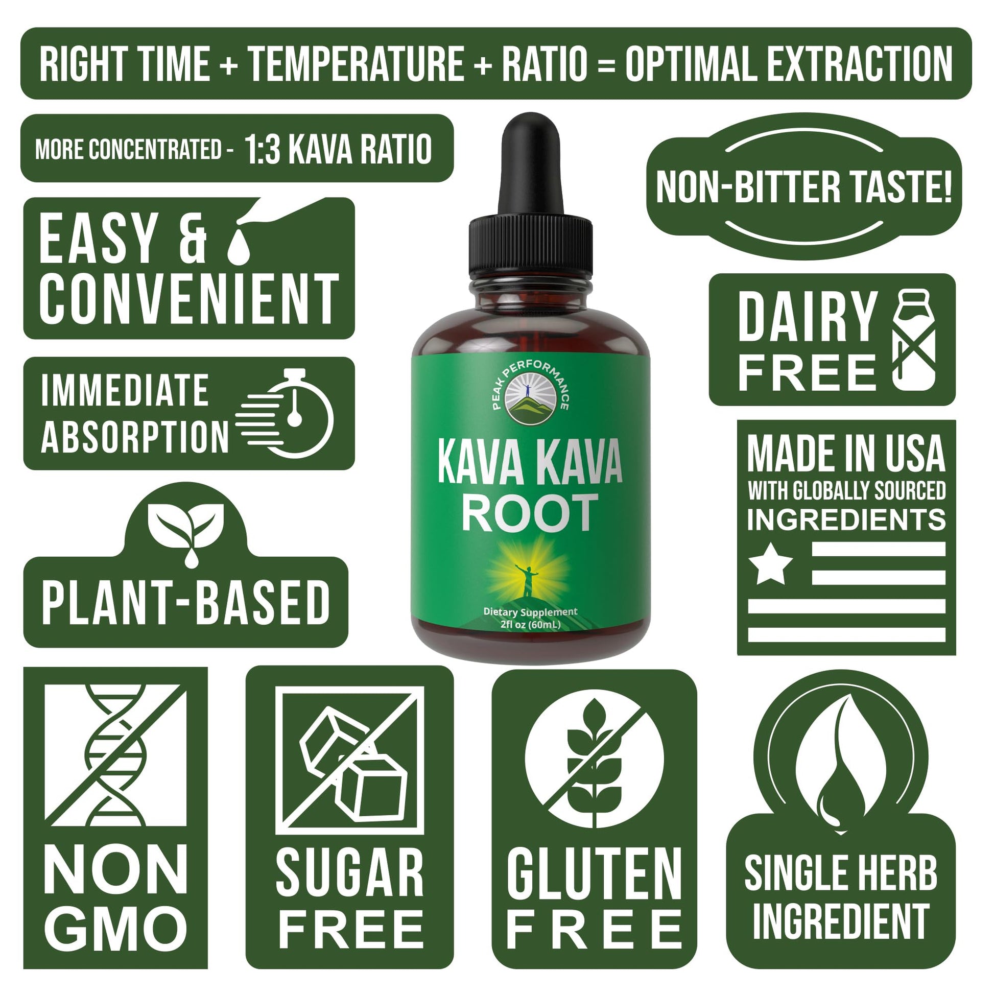 Peak Performance Kava Kava Root Extract Calming Liquid Drops More Concentrated - 1:3 Extraction Ratio. Vegan Supplement Aid for Relaxation, Natural Sleep. Sugar Free Gluten Free USA Tested Tincture - Maple Wellness Supplements