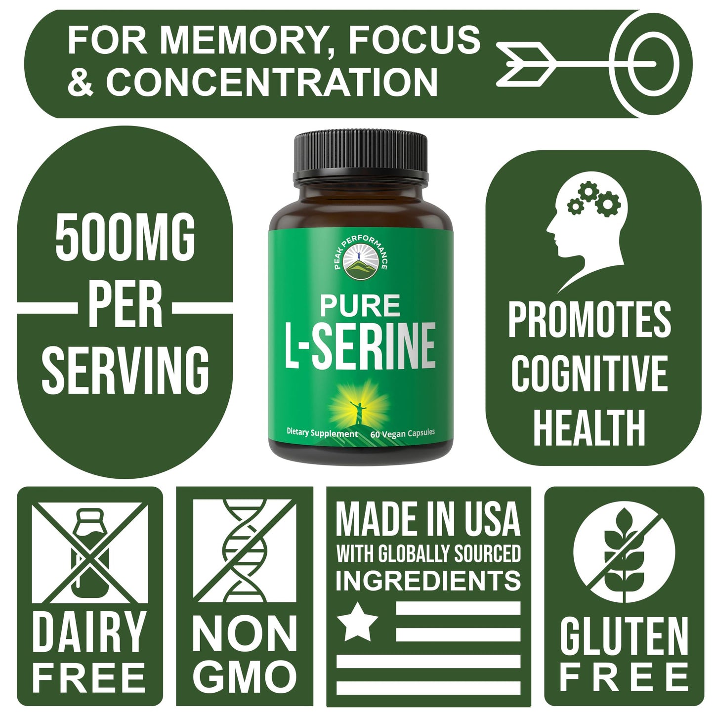 Peak Performance L-Serine Capsules 500mg Best Brain and Nootropic Amino Acids for Production of L-Cystine, L-Tryptophan and Serotonin. USA Grade L Serine Pills. Non-GMO Supplement (60 Servings) - Maple Wellness Supplements