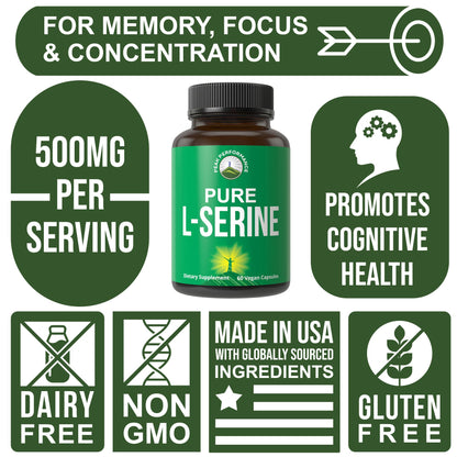 Peak Performance L-Serine Capsules 500mg Best Brain and Nootropic Amino Acids for Production of L-Cystine, L-Tryptophan and Serotonin. USA Grade L Serine Pills. Non-GMO Supplement (60 Servings) - Maple Wellness Supplements