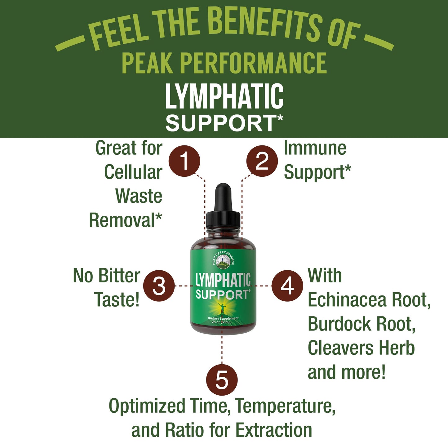 Peak Performance Lymphatic Drainage Drops. Sugar Free 7-in-1 Lymph Detox and Cleanse Support. Vegan Supplement with Echinacea, Red Clover Blossom, Burdock Root, Cleavers Herb, Licorice Root, and More - Maple Wellness Supplements