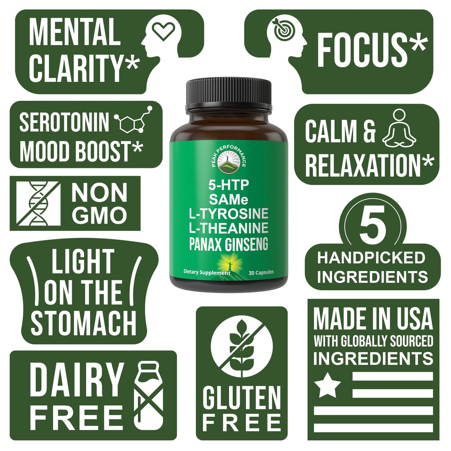 Peak Performance Mood Support Supplement with 5 Top Ingredients: 5HTP, SAM e, L Tyrosine, L Theanine, and Panax Ginseng. Calm, Focus, Relaxation Supplements. Vegan - Maple Wellness Supplements