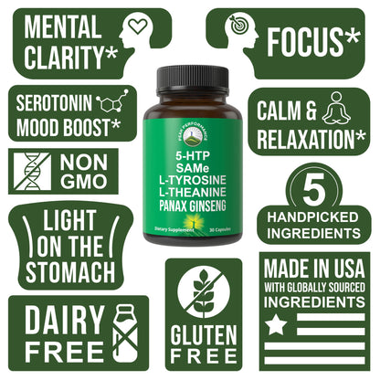 Peak Performance Mood Support Supplement with 5 Top Ingredients: 5HTP, SAM e, L Tyrosine, L Theanine, and Panax Ginseng. Calm, Focus, Relaxation Supplements. Vegan - Maple Wellness Supplements