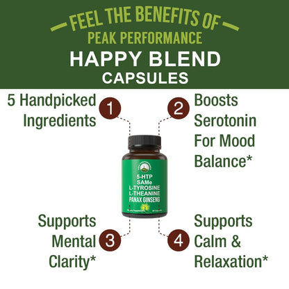 Peak Performance Mood Support Supplement with 5 Top Ingredients: 5HTP, SAM e, L Tyrosine, L Theanine, and Panax Ginseng. Calm, Focus, Relaxation Supplements. Vegan - Maple Wellness Supplements