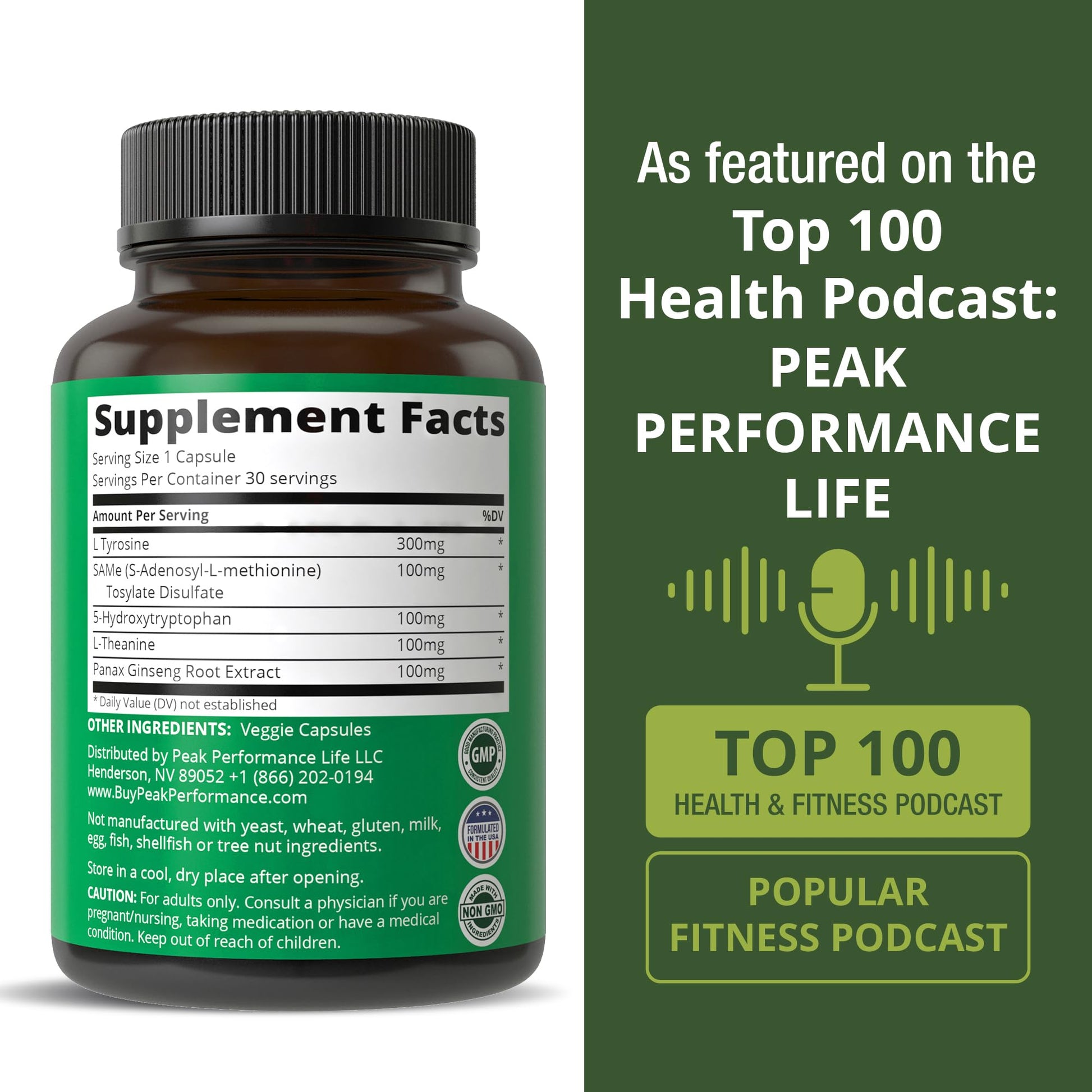 Peak Performance Mood Support Supplement with 5 Top Ingredients: 5HTP, SAM e, L Tyrosine, L Theanine, and Panax Ginseng. Calm, Focus, Relaxation Supplements. Vegan - Maple Wellness Supplements