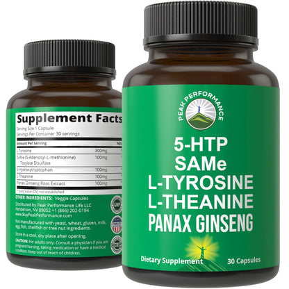 Peak Performance Mood Support Supplement with 5 Top Ingredients: 5HTP, SAM e, L Tyrosine, L Theanine, and Panax Ginseng. Calm, Focus, Relaxation Supplements. Vegan - Maple Wellness Supplements