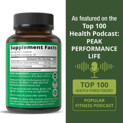 Peak Performance Nicotinamide Riboside NR Supplement Capsule. NMN Alternative NAD Supplement + Niacinamide for NAD+ Levels As We Age. 3rd Party Tested, Non-GMO, Vegan NR Vitamin for Women and Men - Maple Wellness Supplements