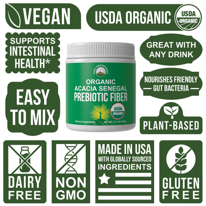 Peak Performance Organic Acacia Senegal Prebiotic Fiber Powder. Unflavored USDA Organic Plant Based Soluble Vegan Prebiotics Gut Health Supplement with Digestive Enzymes - Maple Wellness Supplements